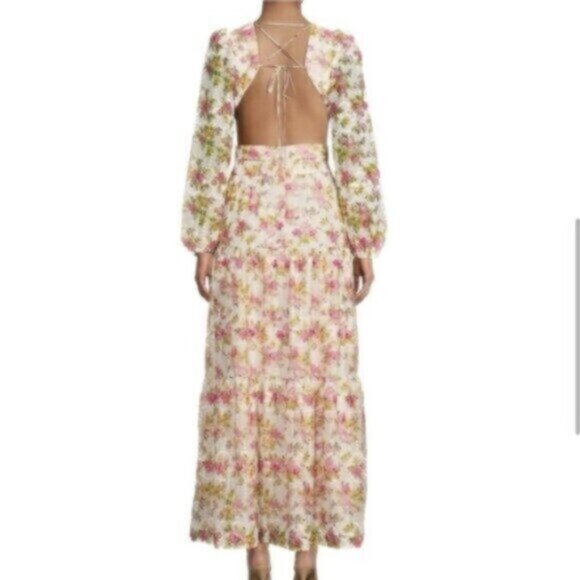 Lillian Floral Print Long Sleeve Deep V-Neck Cut-Out Tiered A-Line Dress - Picture 2 of 8